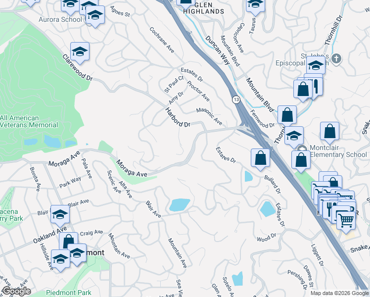 map of restaurants, bars, coffee shops, grocery stores, and more near 84 Templar Place in Oakland