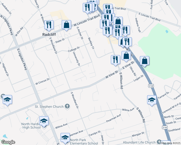 map of restaurants, bars, coffee shops, grocery stores, and more near 575 South Atcher Street in Radcliff