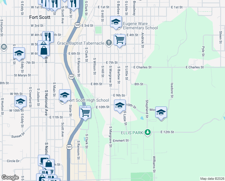 map of restaurants, bars, coffee shops, grocery stores, and more near 819 South Margrave Street in Fort Scott