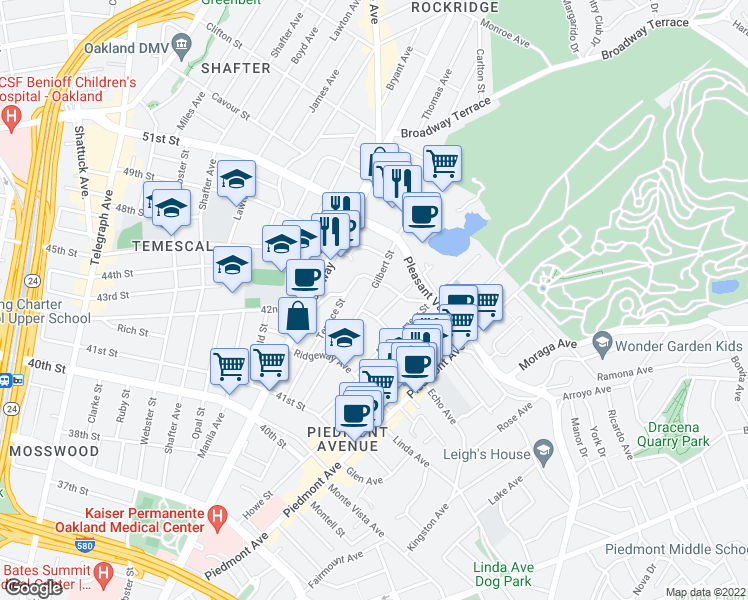 map of restaurants, bars, coffee shops, grocery stores, and more near 4312 Gilbert Street in Oakland