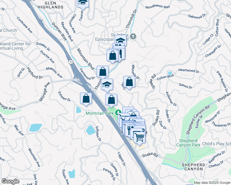 map of restaurants, bars, coffee shops, grocery stores, and more near 5659 Cabot Drive in Oakland