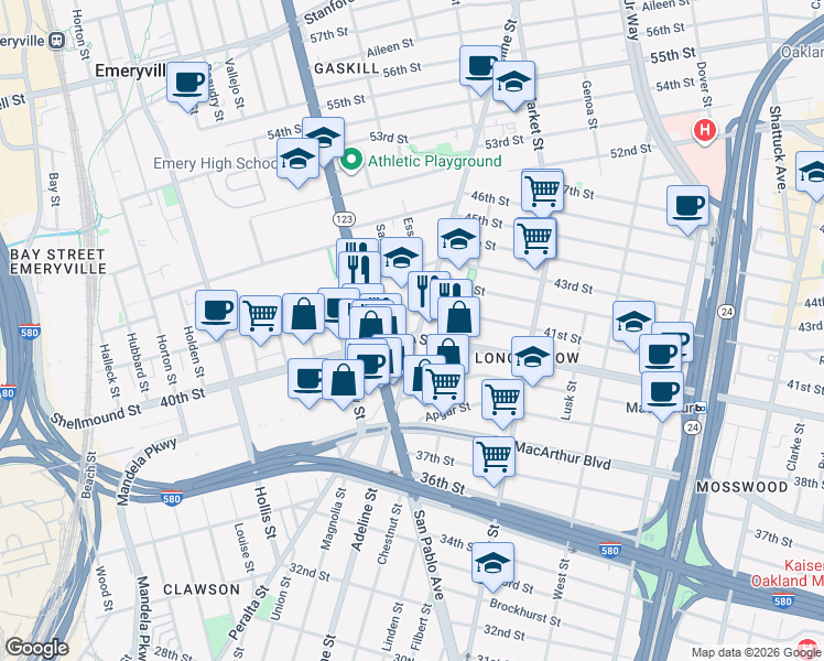 map of restaurants, bars, coffee shops, grocery stores, and more near 4070 San Pablo Avenue in Emeryville