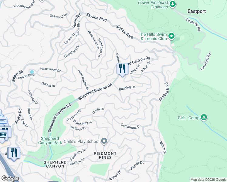 map of restaurants, bars, coffee shops, grocery stores, and more near 6421 Westover Drive in Oakland