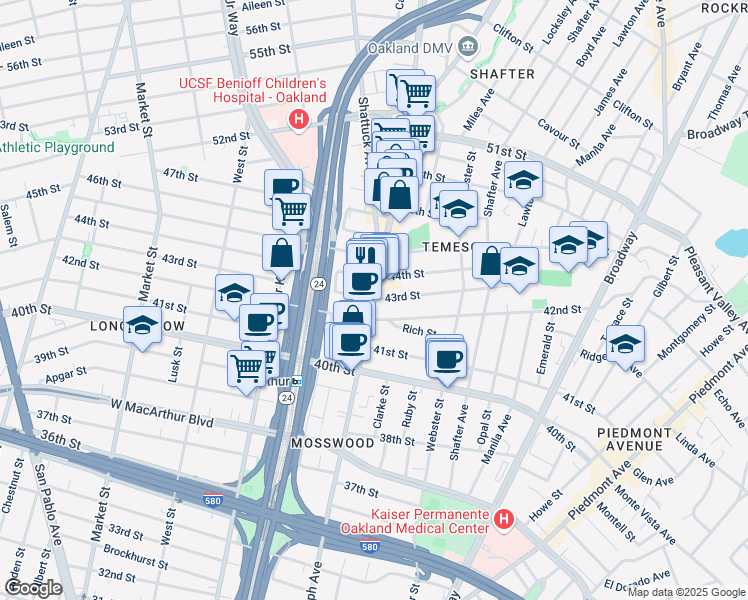 map of restaurants, bars, coffee shops, grocery stores, and more near Telegraph Ave & 43rd St in Oakland