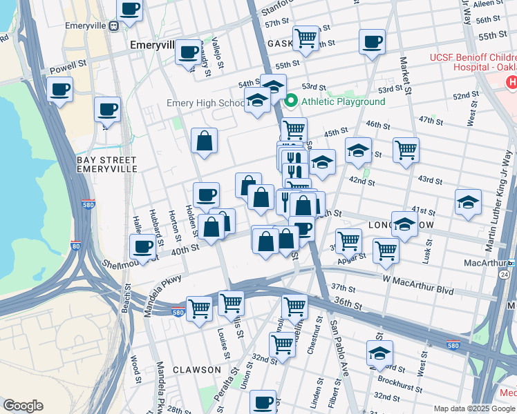 map of restaurants, bars, coffee shops, grocery stores, and more near 1201 Park Avenue in Emeryville