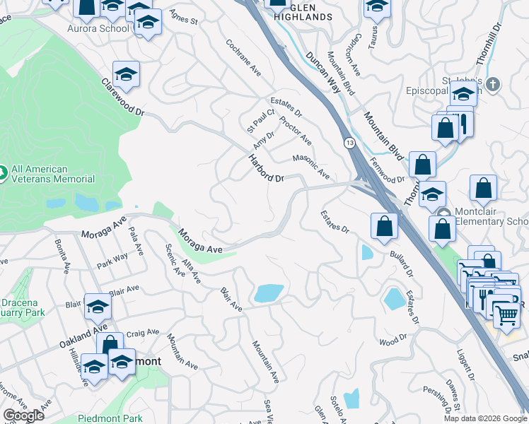 map of restaurants, bars, coffee shops, grocery stores, and more near 79 Templar Place in Oakland