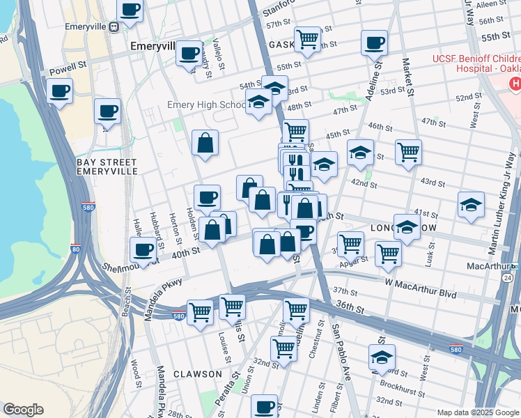 map of restaurants, bars, coffee shops, grocery stores, and more near 1201 Park Avenue in Emeryville