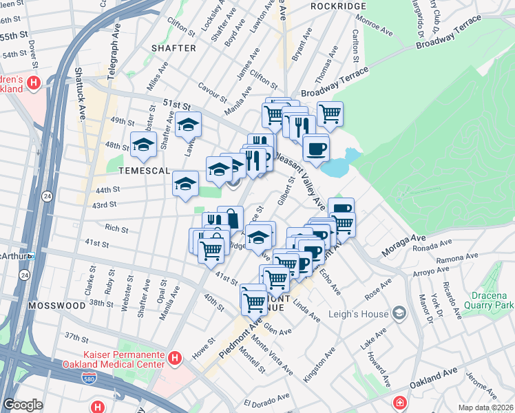 map of restaurants, bars, coffee shops, grocery stores, and more near 287 Mather Street in Oakland