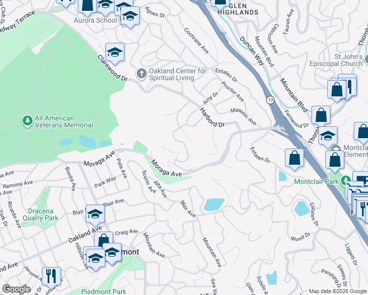 map of restaurants, bars, coffee shops, grocery stores, and more near 110 Maxwelton Road in Piedmont