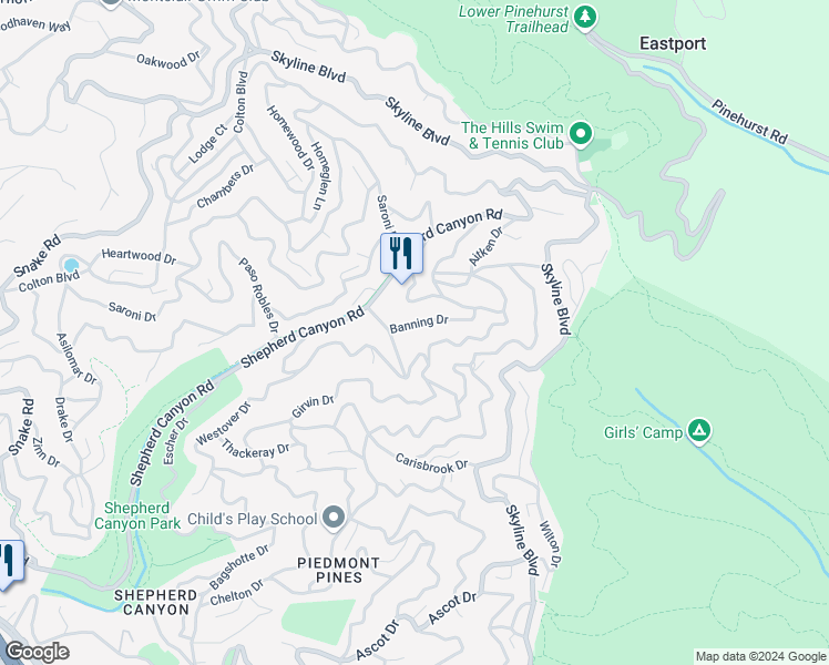 map of restaurants, bars, coffee shops, grocery stores, and more near 6684 Banning Drive in Oakland
