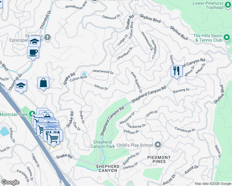 map of restaurants, bars, coffee shops, grocery stores, and more near 5942 Balboa Drive in Oakland