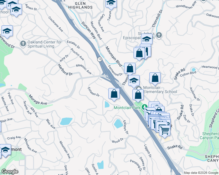 map of restaurants, bars, coffee shops, grocery stores, and more near 6016 Johnston Drive in Oakland