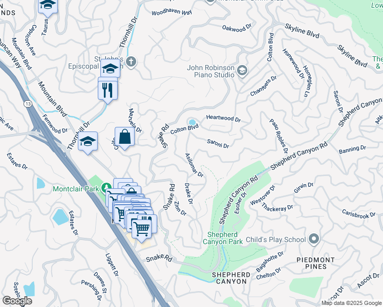 map of restaurants, bars, coffee shops, grocery stores, and more near 5701 Balboa Drive in Oakland