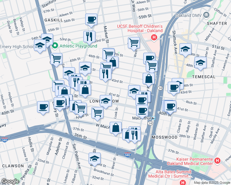 map of restaurants, bars, coffee shops, grocery stores, and more near 870 41st Street in Oakland
