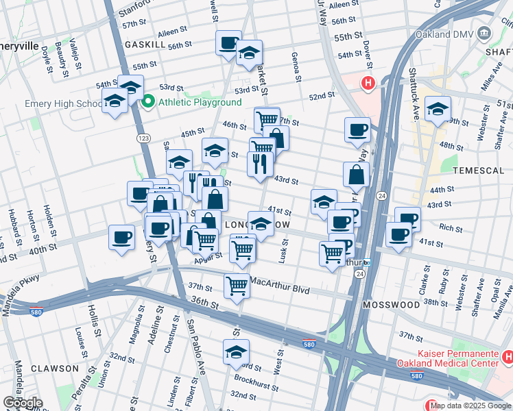 map of restaurants, bars, coffee shops, grocery stores, and more near in Oakland
