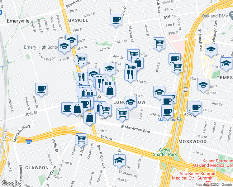 map of restaurants, bars, coffee shops, grocery stores, and more near 961 41st Street in Oakland