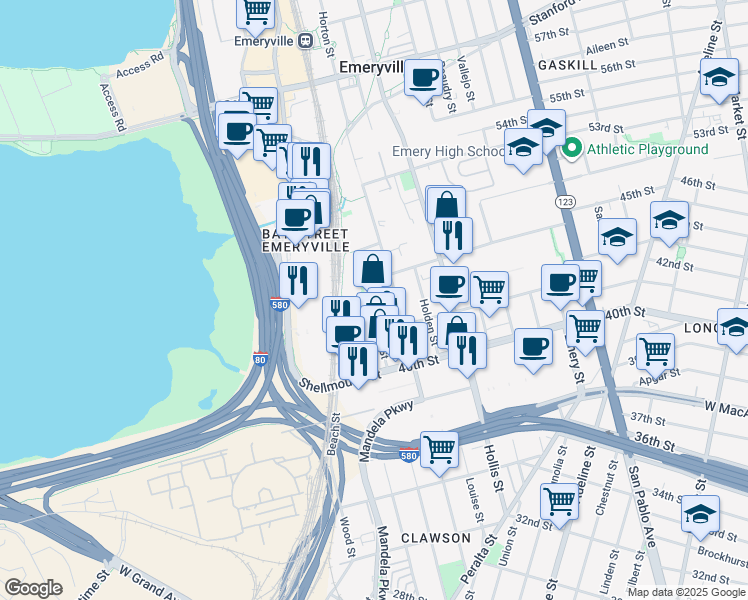 map of restaurants, bars, coffee shops, grocery stores, and more near 4230 Hubbard Street in Emeryville
