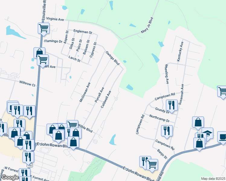 map of restaurants, bars, coffee shops, grocery stores, and more near 165 Caldwell Ave in Bardstown