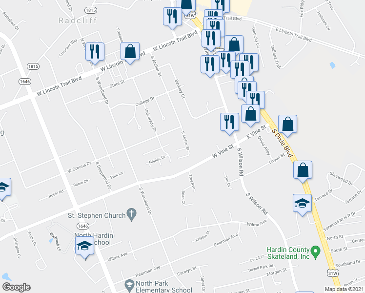 map of restaurants, bars, coffee shops, grocery stores, and more near 545 South Atcher Street in Radcliff