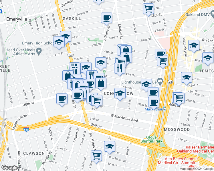 map of restaurants, bars, coffee shops, grocery stores, and more near 961 41st Street in Oakland
