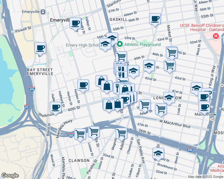 map of restaurants, bars, coffee shops, grocery stores, and more near in Emeryville