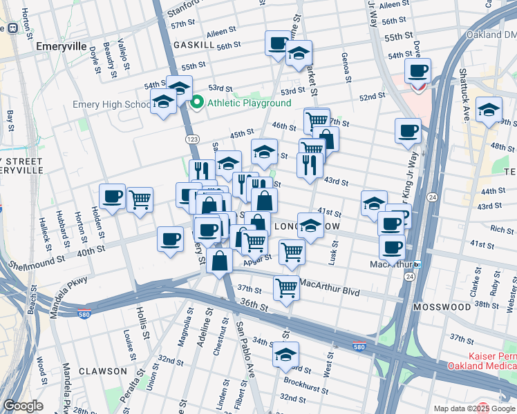 map of restaurants, bars, coffee shops, grocery stores, and more near 4055 Linden Street in Oakland