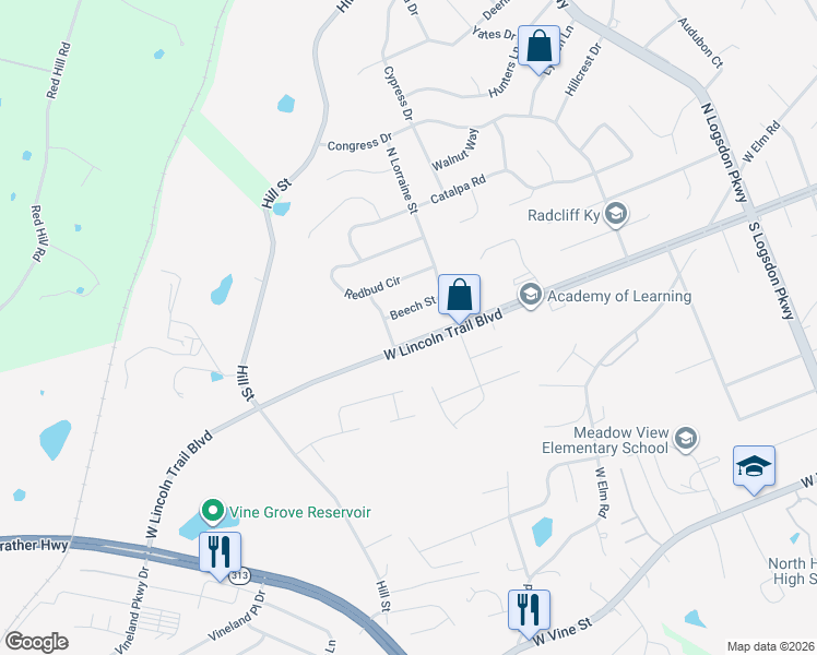 map of restaurants, bars, coffee shops, grocery stores, and more near 1601-1639 West Lincoln Trail Boulevard in Radcliff