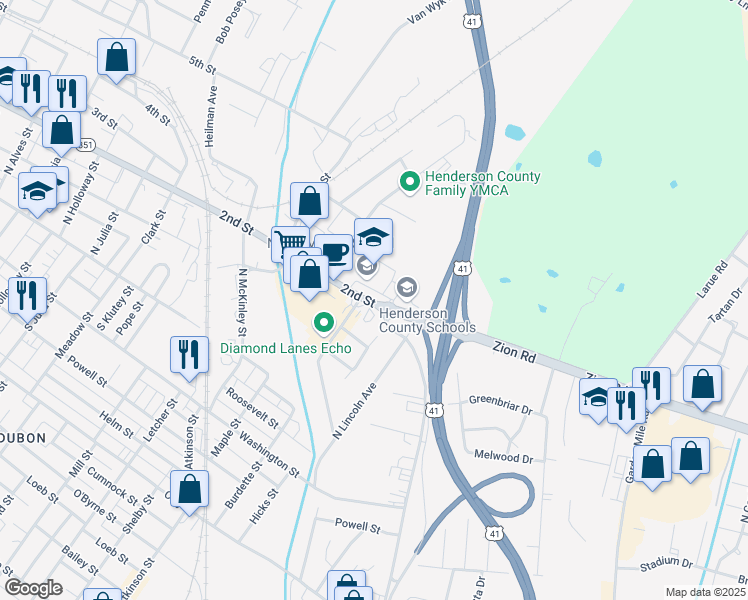 map of restaurants, bars, coffee shops, grocery stores, and more near 1707 2nd Street in Henderson