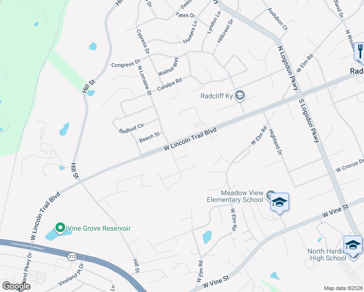 map of restaurants, bars, coffee shops, grocery stores, and more near 1584 West Lincoln Trail Boulevard in Radcliff