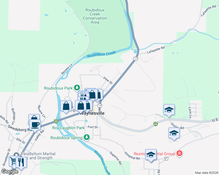 map of restaurants, bars, coffee shops, grocery stores, and more near 405 Highway 17 in Waynesville