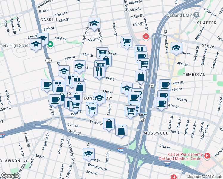 map of restaurants, bars, coffee shops, grocery stores, and more near 4115 Lusk Street in Oakland