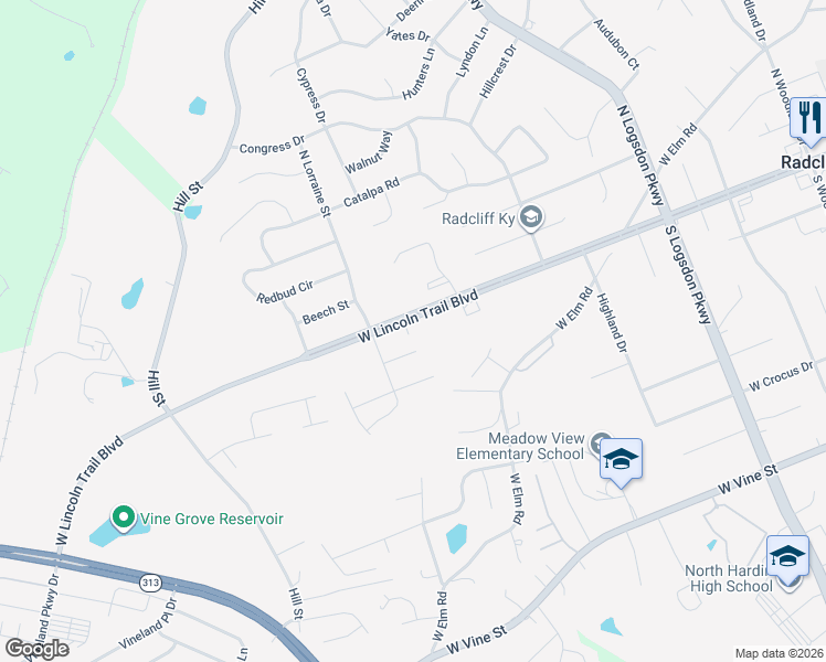 map of restaurants, bars, coffee shops, grocery stores, and more near 1584 West Lincoln Trail Boulevard in Radcliff
