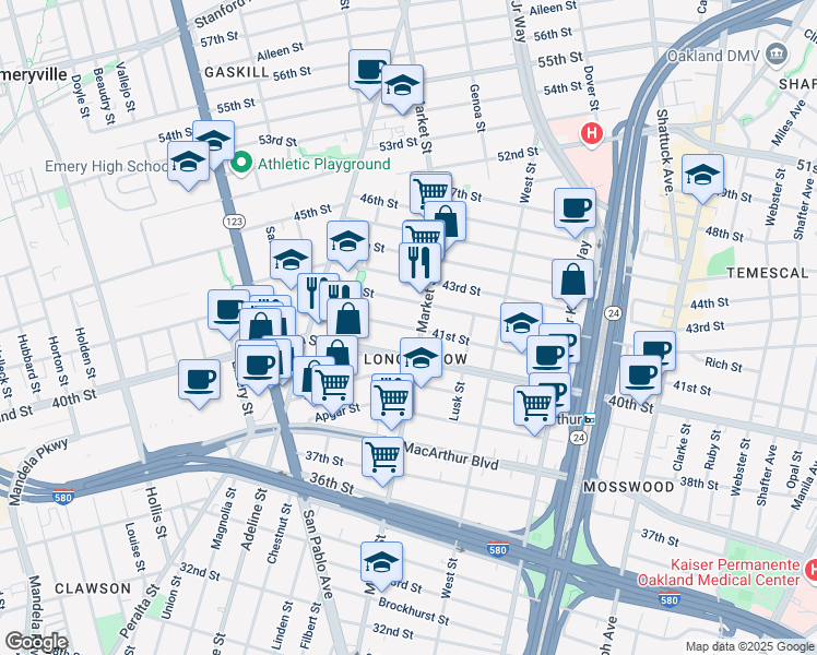 map of restaurants, bars, coffee shops, grocery stores, and more near in Oakland