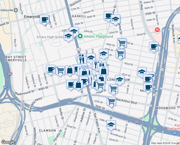 map of restaurants, bars, coffee shops, grocery stores, and more near 4070 San Pablo Avenue in Emeryville
