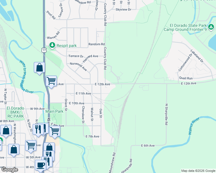 map of restaurants, bars, coffee shops, grocery stores, and more near 705 East 12th Avenue in El Dorado