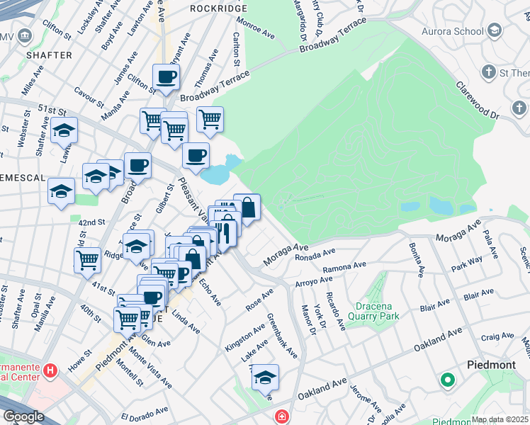 map of restaurants, bars, coffee shops, grocery stores, and more near 4480 Piedmont Avenue in Oakland