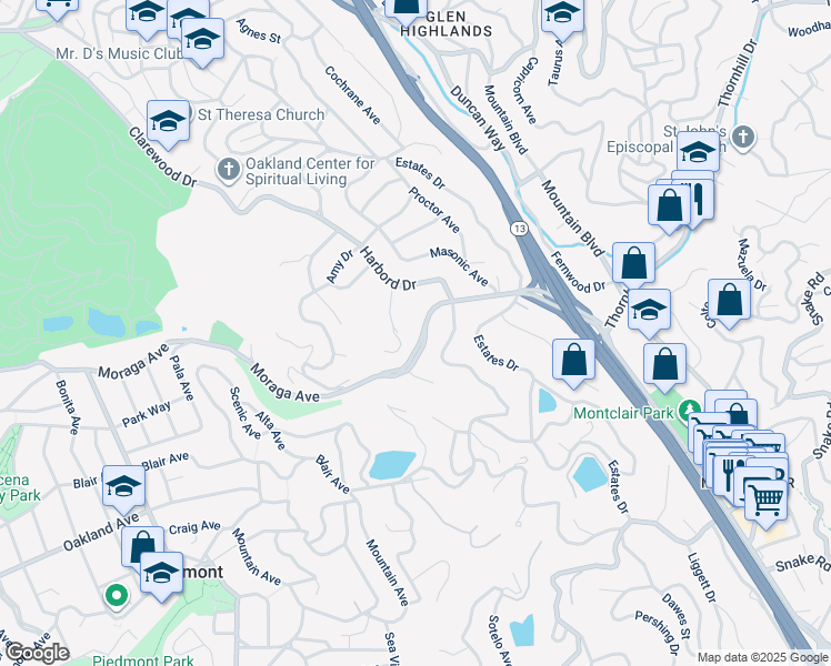 map of restaurants, bars, coffee shops, grocery stores, and more near 5630 Moraga Avenue in Piedmont
