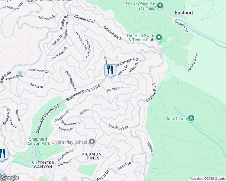 map of restaurants, bars, coffee shops, grocery stores, and more near 6684 Banning Drive in Oakland