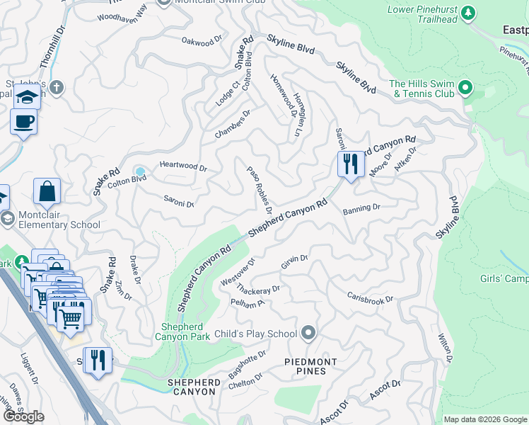 map of restaurants, bars, coffee shops, grocery stores, and more near 6 Bishop Court in Oakland