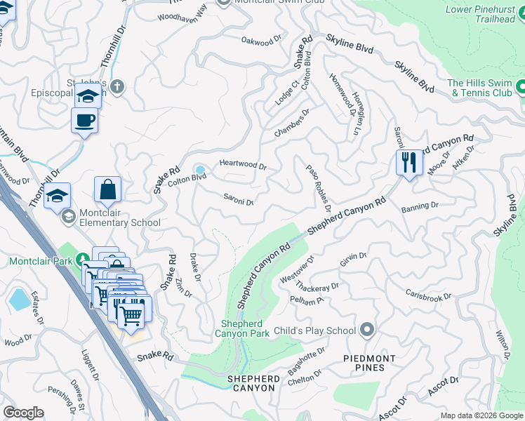 map of restaurants, bars, coffee shops, grocery stores, and more near 5936 Balboa Drive in Oakland