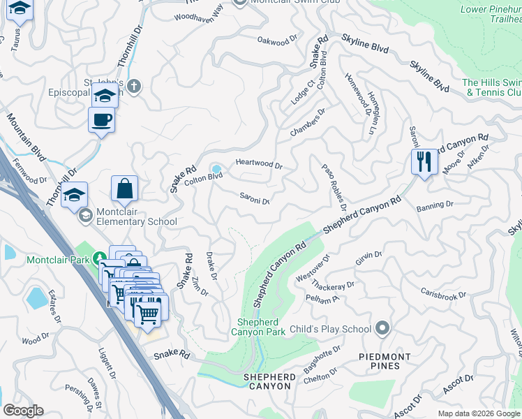 map of restaurants, bars, coffee shops, grocery stores, and more near 5851 Balboa Drive in Oakland
