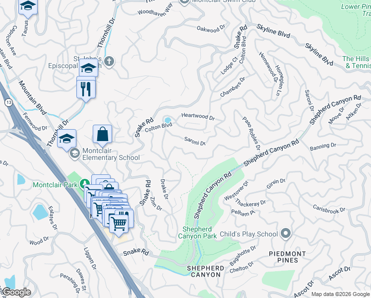 map of restaurants, bars, coffee shops, grocery stores, and more near 5754 Balboa Drive in Oakland