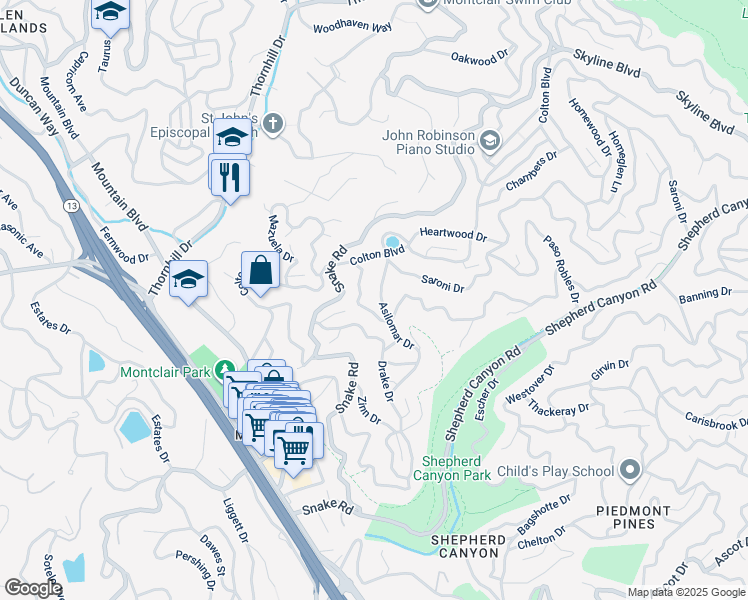 map of restaurants, bars, coffee shops, grocery stores, and more near 5701 Balboa Drive in Oakland