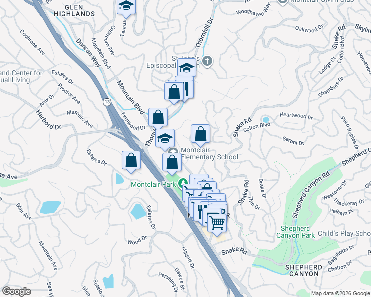 map of restaurants, bars, coffee shops, grocery stores, and more near 5659 Cabot Drive in Oakland