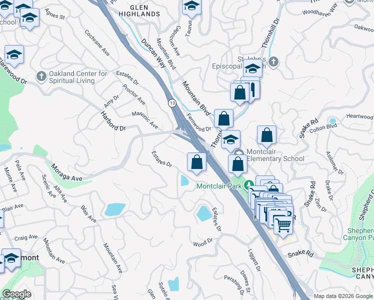 map of restaurants, bars, coffee shops, grocery stores, and more near 6016 Johnston Drive in Oakland