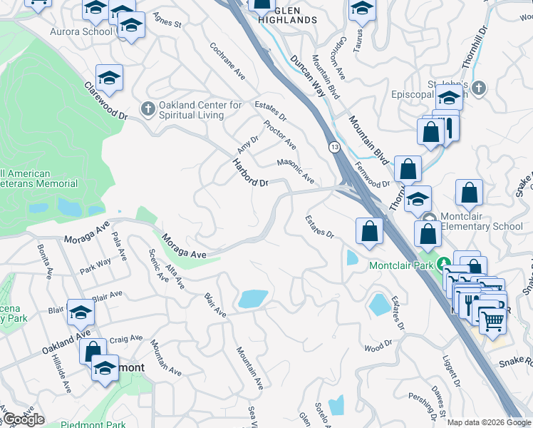 map of restaurants, bars, coffee shops, grocery stores, and more near 84 Templar Place in Oakland