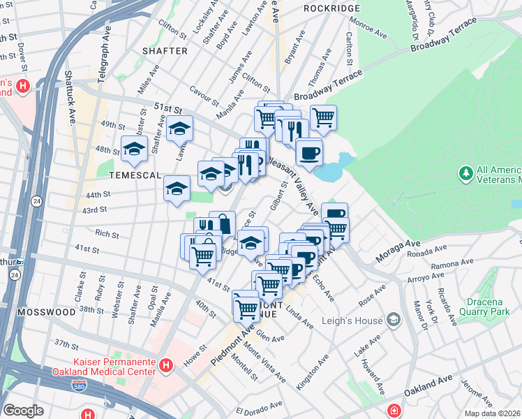 map of restaurants, bars, coffee shops, grocery stores, and more near 287 Mather Street in Oakland