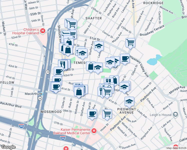 map of restaurants, bars, coffee shops, grocery stores, and more near 4222 Shafter Avenue in Oakland