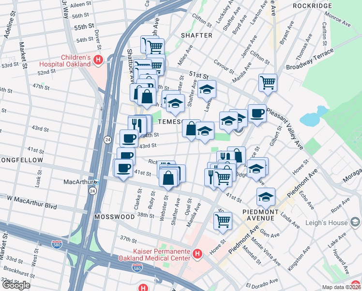 map of restaurants, bars, coffee shops, grocery stores, and more near 4222 Shafter Avenue in Oakland