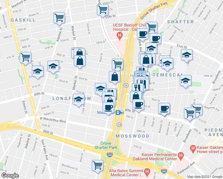 map of restaurants, bars, coffee shops, grocery stores, and more near in Oakland
